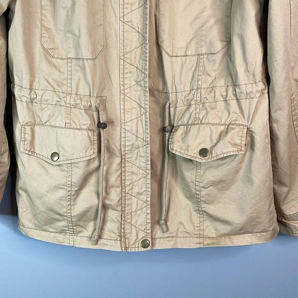 FOREVER 21 Military Jacket Khaki Tan Zip Hood Snap Flap Pockets Drawstring M - Picture 4 of 12